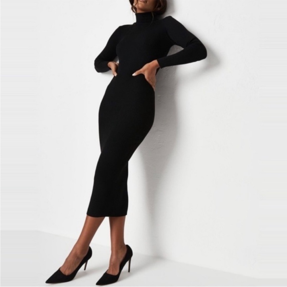 Missguided Black Ribbed Turtleneck Long Sleeve Sweater Midi Dress